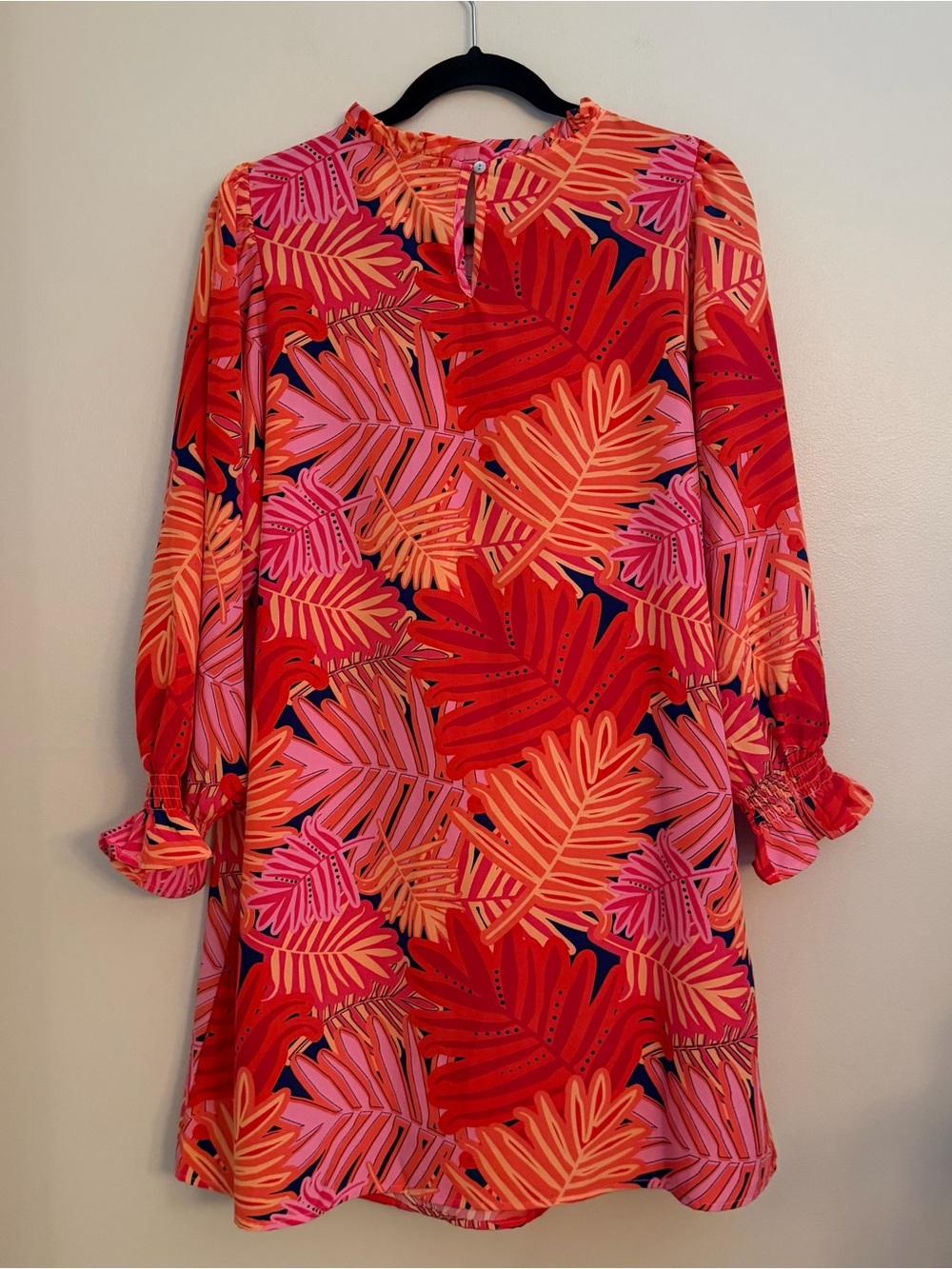 Michelle McDowell Tropical Palm Print Ruffle Shift Dress Pink Orange Medium - Picture 3 of 10